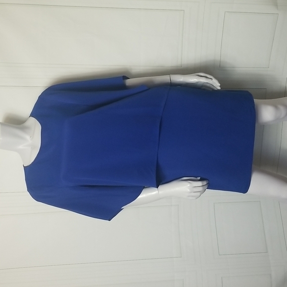 Halston Heritage SZ 10 Dress Cobalt Blue Popover Draped Embellished Neckline